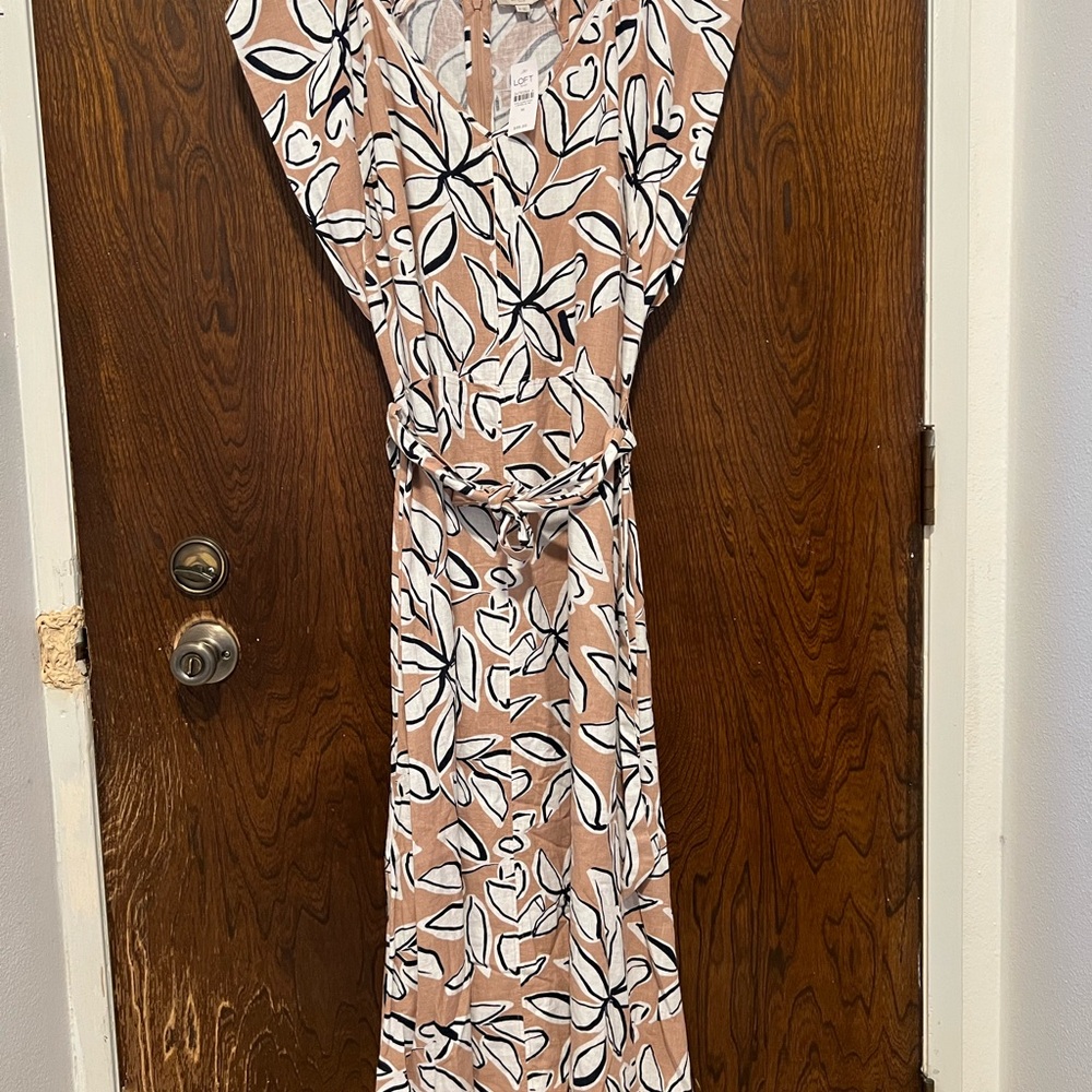 LOFT Tan w/ White Flowers &Navy Blue Dress with Fabric Tie and Front V-Neck